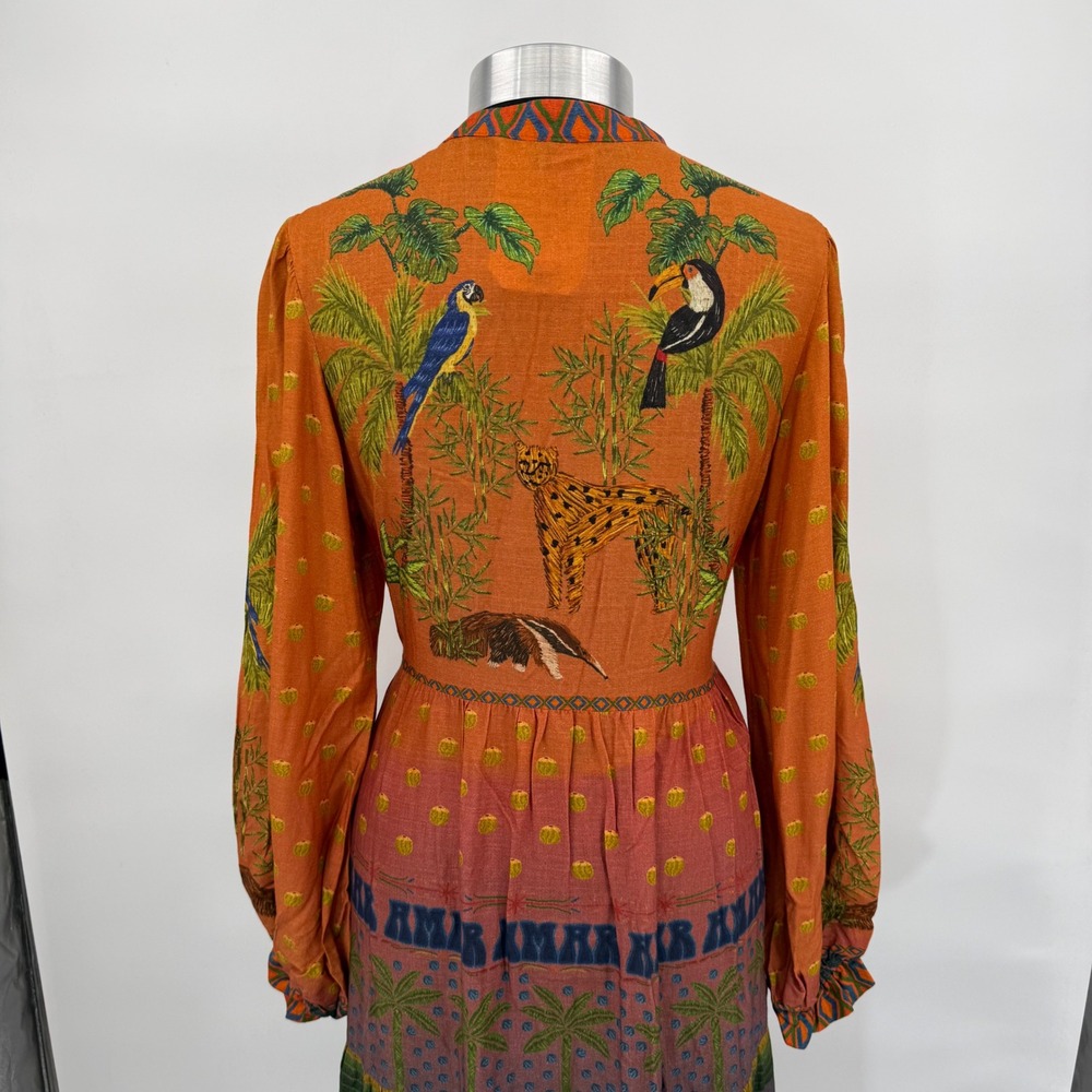 Farm Rio Est Mil Arvor Tropical Jungle Maxi Dress Orange Long‎ Sleeve Small NWT - Picture 10 of 16